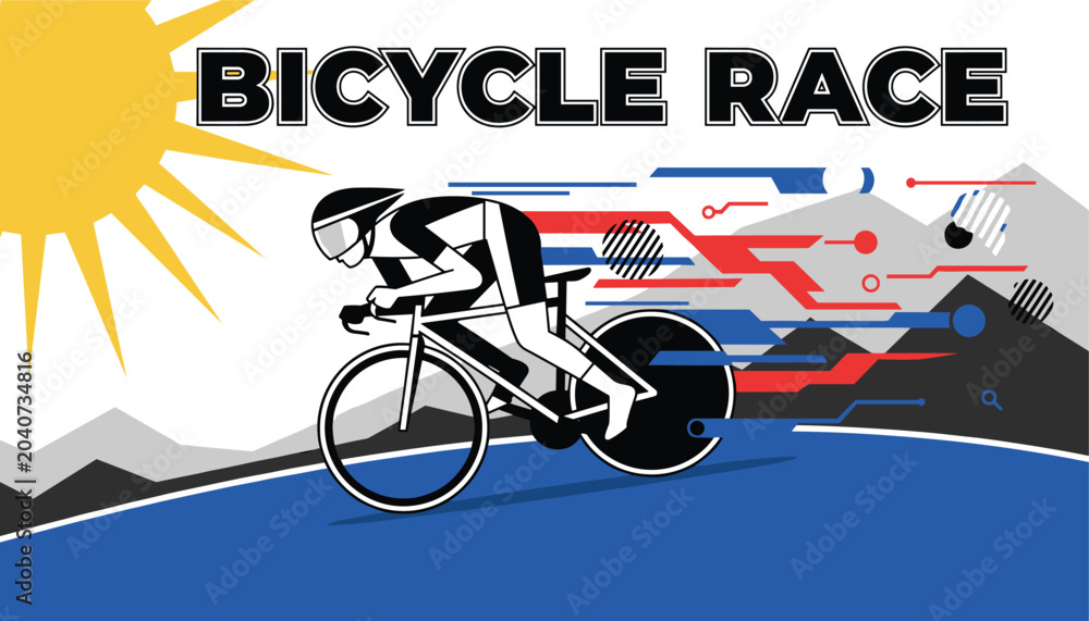 Fototapeta premium Stylized illustration of a cyclist in a bicycle race speeding across a blue road with abstract motion lines and mountains.