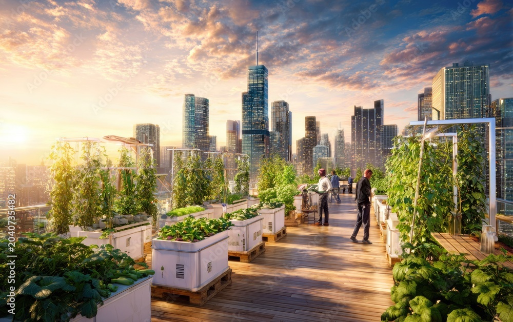 Fototapeta premium Futuristic rooftop hydroponic garden with modern city skyline at sunset