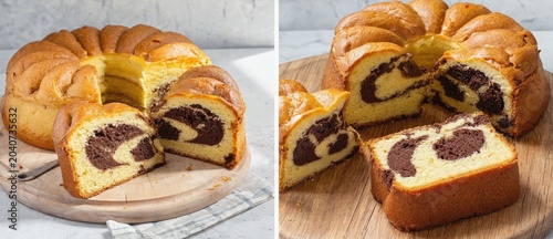 Delicious baked cake with chocolate swirl sliced and presented on a wooden board