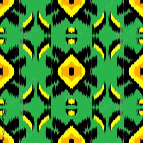 Canvastavla Vibrant Seamless Ikat Geometric Pattern with Green Yellow and Black Tribal Style