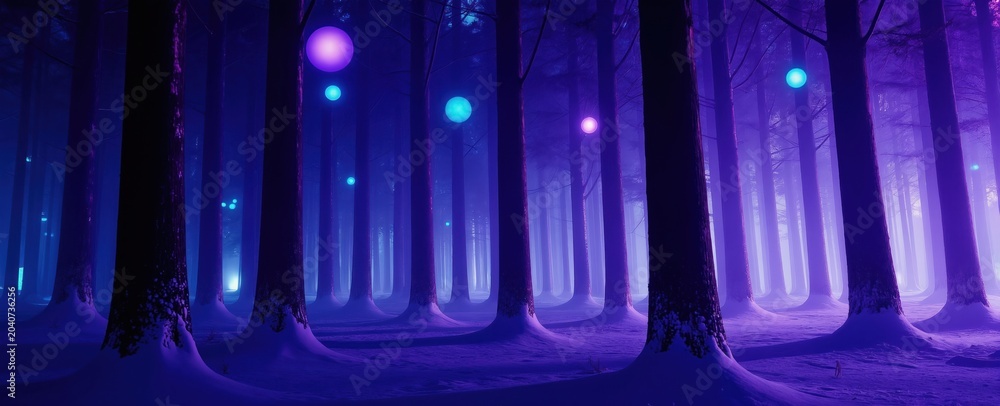 Obraz premium Magical purple forest at night with glowing orbs floating in air. Snow covers ground under tall trees. Scene creates mystical fantasy atmosphere, perfect for holiday or story illustrations.
