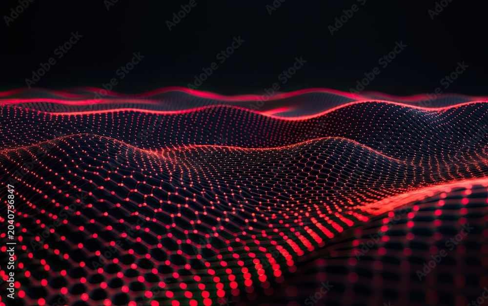 Fototapeta premium Red glowing dotted wave surface on black background