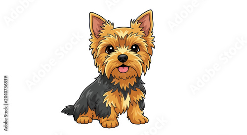 Foto Cute Yorkshire Terrier Dog Cartoon Illustration, Sitting, Tongue Out, White Back