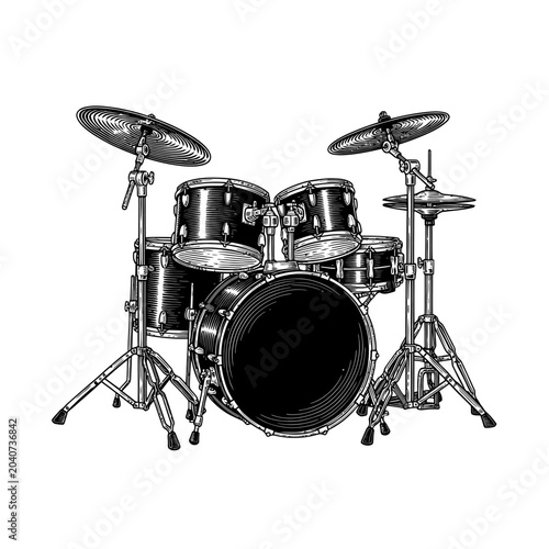 Obraz na plátne Drum Kit Illustration - Vintage Style Line Art