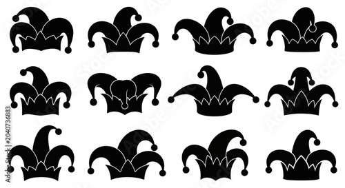 Fényképezés Jester Hat Icons Set, Carnival Costume Symbols, Foolish Headwear Silhouettes
