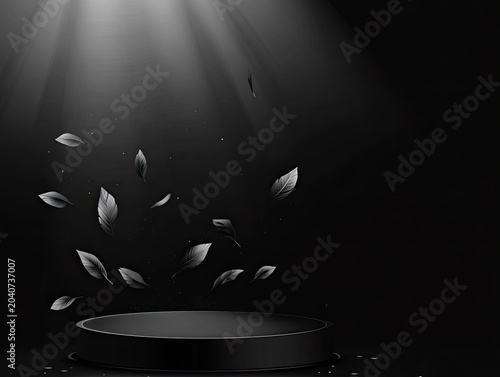 A black circular pedestal stands in a dark space, illuminated by a spotlight from above with grey leaves floating in the air