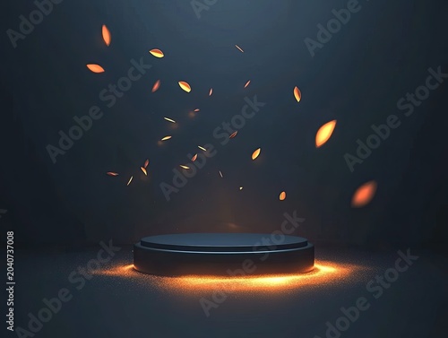 A dark, circular pedestal sits in the center, illuminated from below by a warm orange glow, with floating glowing embers or leaves above it