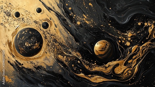 A striking space-themed image featuring large black orbs, golden swirls, and dark textures that evoke a deep galactic void