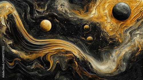 An abstract composition of a golden moon-like orb and deep black swirling clouds with floating particles