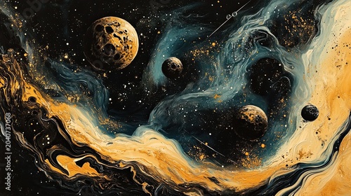 A vivid depiction of space with large textured spheres and swirling blue-gold nebulas set against a dark canvas