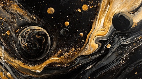 An abstract space scene with distinct spheres and flowing gold and charcoal marble patterns on a dark field