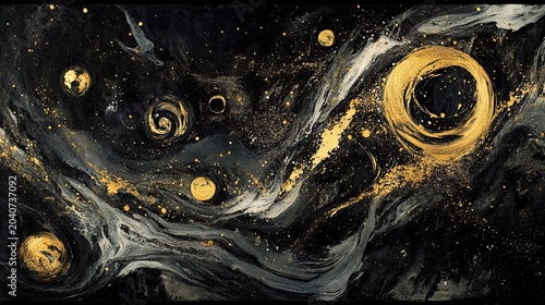 An atmospheric depiction of the cosmos featuring golden ring structures, small glowing spheres, and dark nebulous clouds