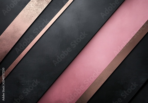 A minimalist design featuring diagonal black bars interspersed with thin metallic copper strips and a soft pink section