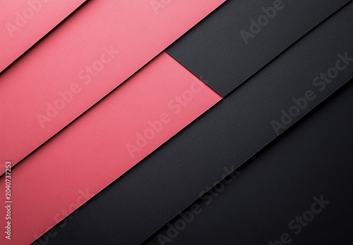 A geometric composition of overlapping diagonal rectangles in shades of black and salmon pink
