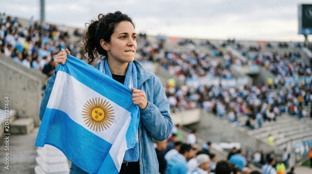 Fototapeta premium Argentinian football fan holding national flag in stadium
