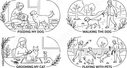 Dog Walking and Playing with Pets Illustration in Line Art Style