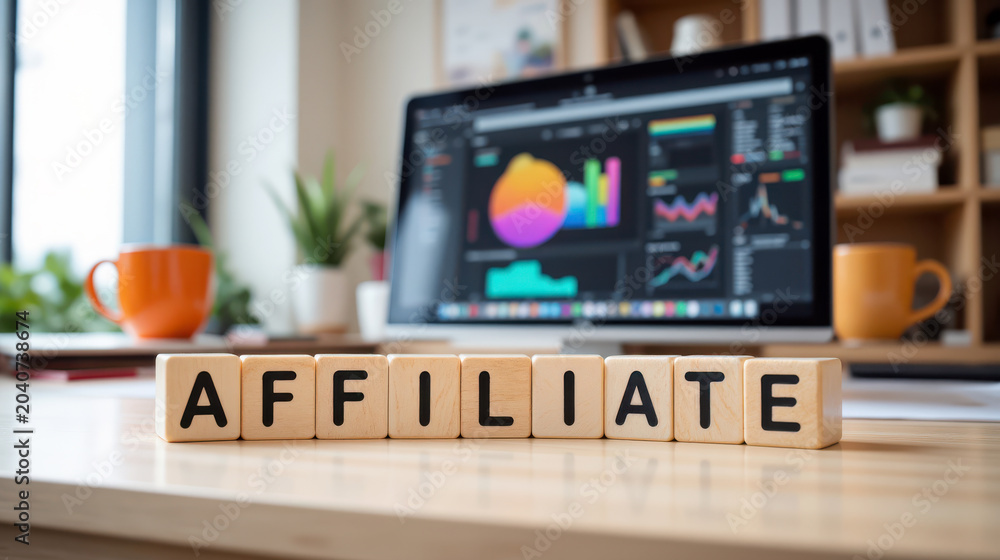 Fototapeta premium Affiliate marketing partnership theme for commission income, tracking links and publisher monetization programs across ecommerce promotion, partner network training and sales funnel materials