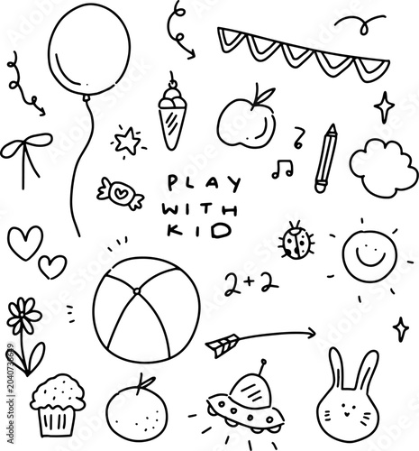 Cute Kids Doodle Set, Hand Drawn Play with Kid Elements Vector on White Background