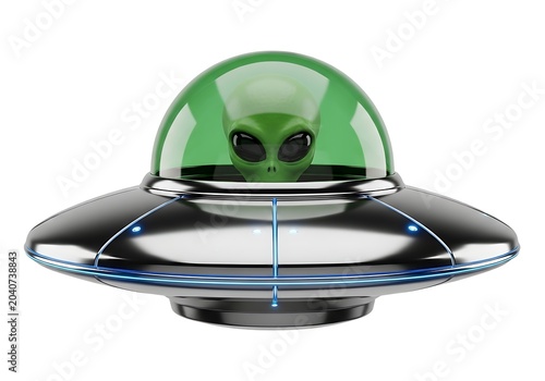 A shiny metallic flying saucer with a green alien peeking out from the top on a white background