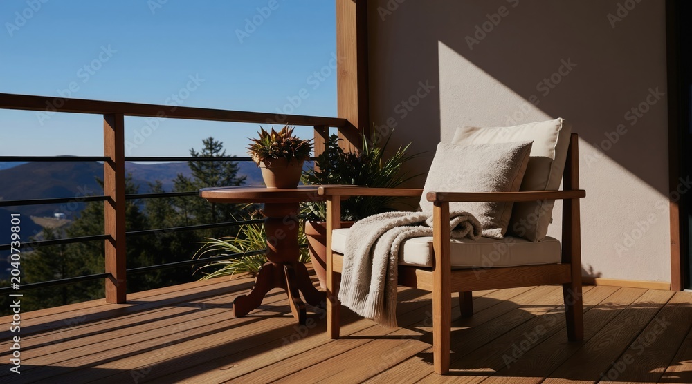 Obraz premium Wooden chair and table on balcony with mountain view. Sunny day with clear blue sky. Cozy outdoor seating area for relaxation and quiet enjoyment.