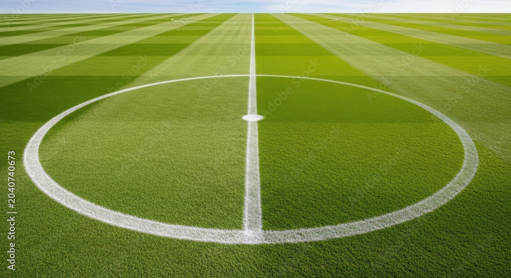 Obraz premium Close up view of centered soccer ball on white circle mark on green grass field.