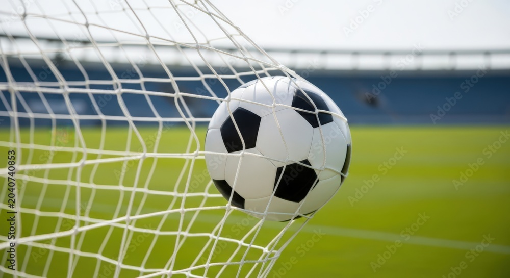Naklejka premium Black and white soccer ball flying into net with blurred stadium in background.