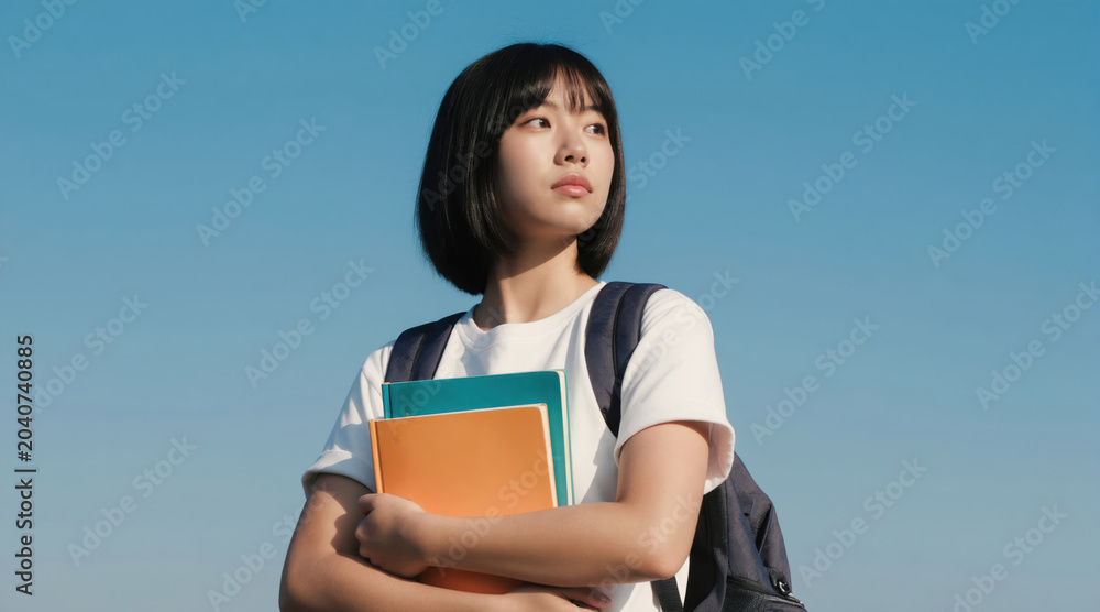 Obraz premium Young Korean girl student with backpack holds books. She looks away with thoughtful expression against clear blue sky. Ready for academic success and learning.