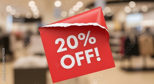 Bright red 20% off sale sign in a modern clothing store