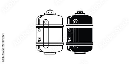Two stylized industrial tanks in black and white isolated on a clean backdrop representing storage