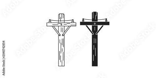 Photos Wooden utility pole with crossbars and wires in silhouette on white background