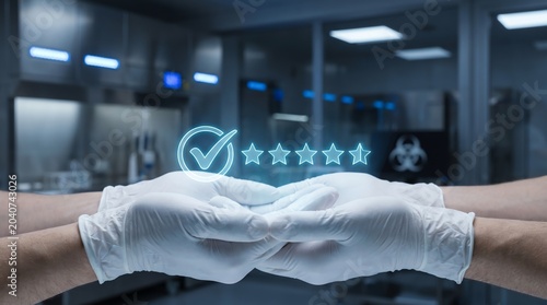 Gloved hands present a holographic quality checkmark and five-star rating, symbolizing safety, excellence, and trusted standards in a modern scientific research laboratory