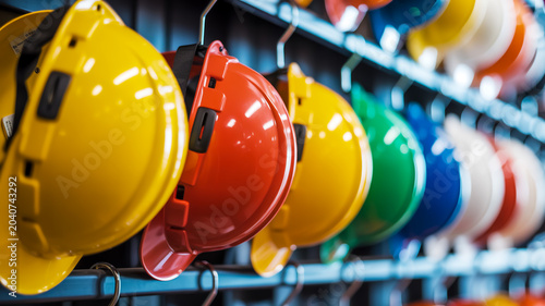 A close-up photograph shows a row of colorful hard hats hanging on a metal rack in an industrial setting.