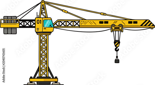 Canvastavla Yellow Tower Crane Vector Illustration with Hook and Counterweights Isolated