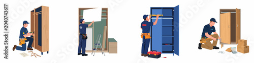 Cuadro en lienzo Set of flat vector illustrations featuring professional handymen and furniture assemblers installing wardrobes and cabinets with various tools on a white background