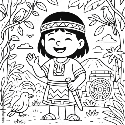 Cartoon Child with Temple and Birds Line Art