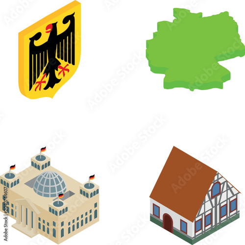 Icons representing germany with its map, coat of arms, reichstag building, and traditional house