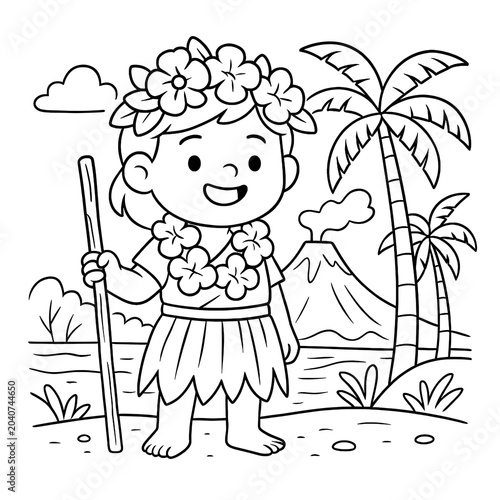 Cartoon Hawaiian Child with Volcano and Palm Trees Line Art