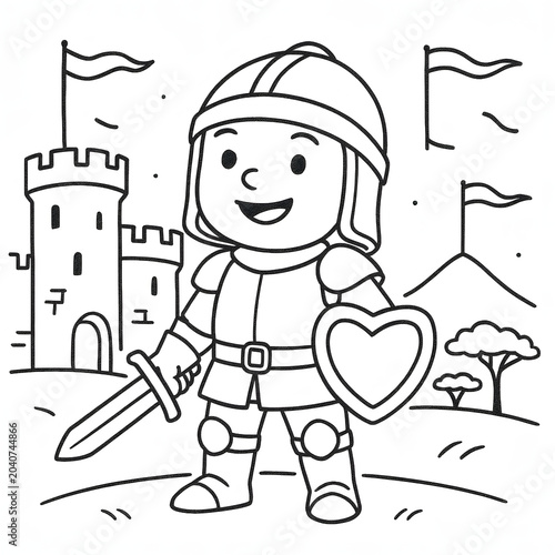 Cartoon Knight with Sword and Heart Shield Line Art