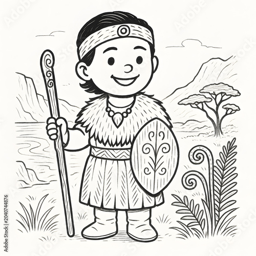 Cartoon Child with Staff and Shield in Cultural Landscape Line Art