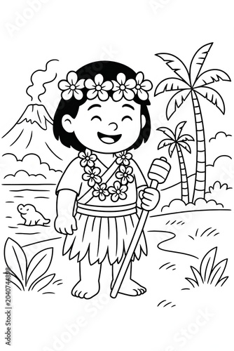 Cartoon Hawaiian Child with Torch and Volcano Line Art