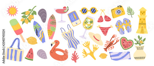 Foto Cartoon Mediterranean seaside summer stickers with vacation elements and beach accessories