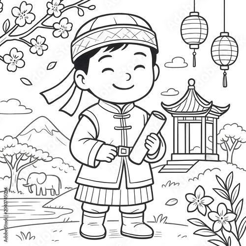 Cartoon Child with Scroll in Asian Cultural Landscape Line Art