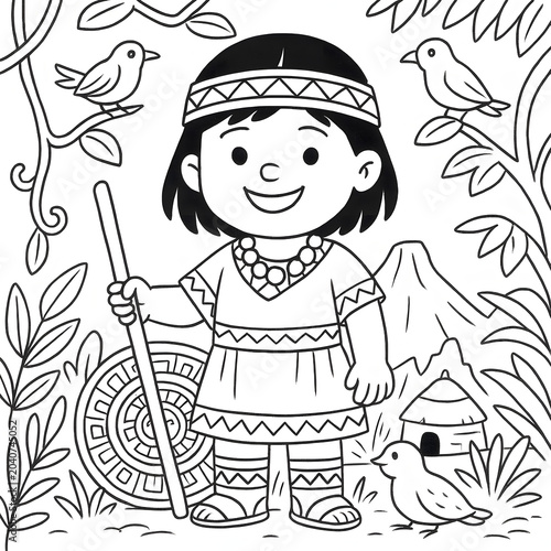 Cartoon Indigenous Child with Staff in Countryside Line Art