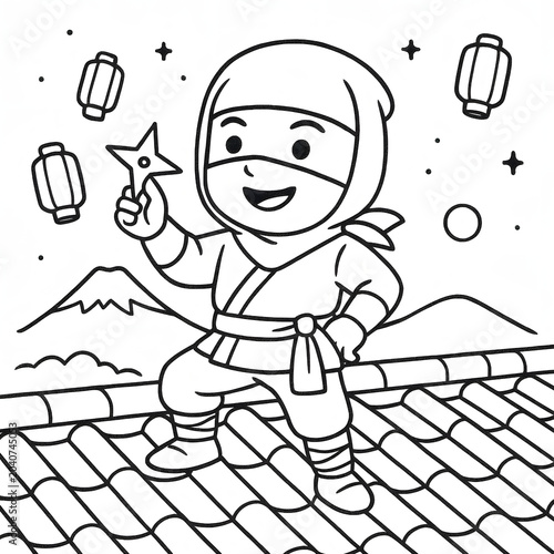 Cartoon Ninja on Rooftop with Moon and Lanterns Line Art