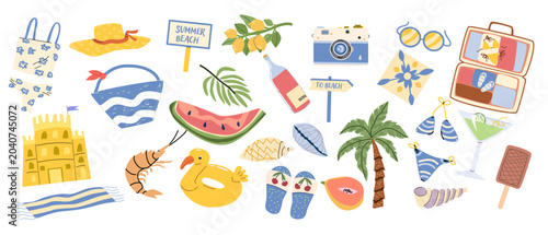 Cartoon coastal Mediterranean summer stickers with vacation elements and beach accessories. Cartoon flat style Mediterranean beach and tropical icons. Vector illustration isolated.