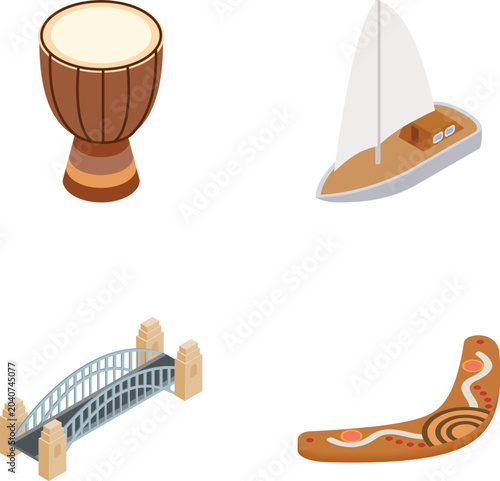 Fotografija Icons for australia featuring djembe drum, sailboat, sydney bridge, and boomeran
