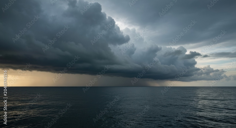 Obraz premium Dramatic storm clouds over ocean, with rain, and moody atmosphere