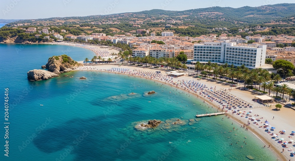 Fototapeta premium Aerial drone view of a crowded beach resort with blue turquoise sea hotels and mountains in background =