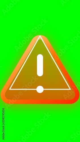 3D Neon Warning Triangle Icon Animation with Pulsing Exclamation Mark on Vertical Chroma Key Green Screen 4k