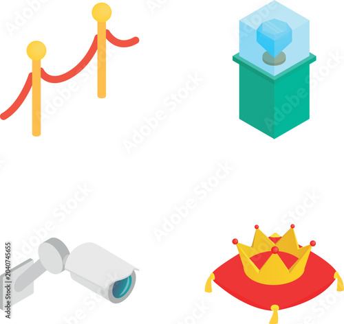 Collecting isometric icons representing museum security and valuable exhibits